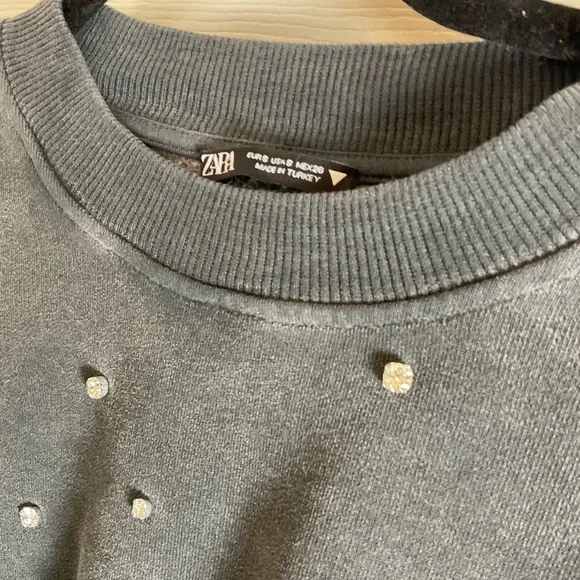 Zara Gray Cropped Jewel Studded Sweatshirt with Rhinestones Size small - Picture 4 of 11
